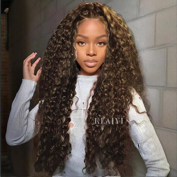 Klaiyi 13x4 Pre-Everything Warm Chestnut Brown Water Wave Lace Frontal Wig Glueless & Put On and Go with Invisible Drawstring