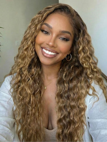 Klaiyi Sun-Kissed Honey & Warm Golden Blonde Water Wave 7x5 & 13x4 Glueless Put On And Go Wig with Invisi Drawstring