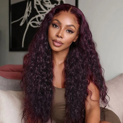 Klaiyi 13x4 Black Cherry Dark Burgundy Water Wave Pre Everything Lace Frontal Wig With Invisible Drawstring