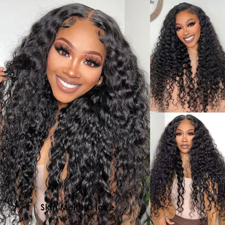 Klaiyi Water Wave 7x5 Bye Bye Knots Wig Put On and Go Glueless Human Hair Wigs Natural Black Color