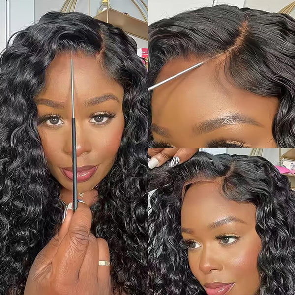 Flash Sale Klaiyi 7x5 Bye Bye Knots Pre-cut Lace Put On and Go Glueless Wig Water Wave Human Hair Wigs