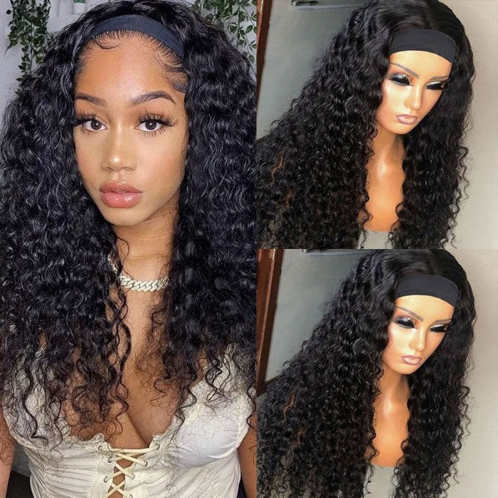 Klaiyi Headband Water Wave Wig With Pre-attached Scarf 180% Density Human Hair Wigs