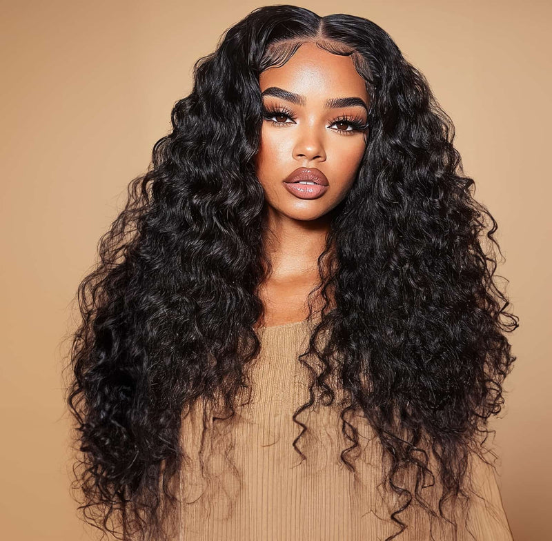 Klaiyi Water Wave 7x5 Bye Bye Knots Wig Put On and Go Glueless Human Hair Wigs Natural Black Color