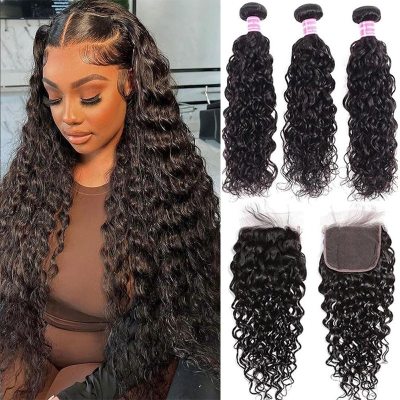 Klaiyi Brazilian Water Wave Human Hair 3 Bundles Deal with 4x4 Swiss Lace Closure