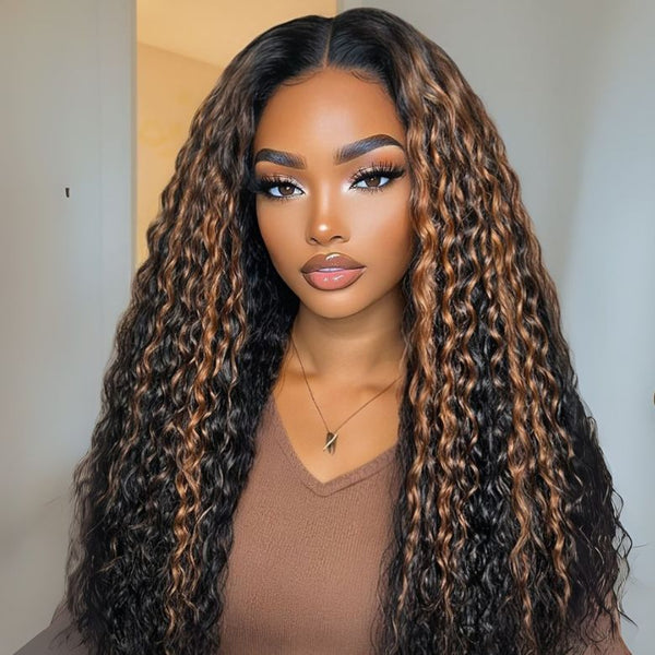 Klaiyi 7x5 Bye Bye Knots Ombre Brown Highlight Water Wave Glueless Human Hair Wig with Invisible Drawstring