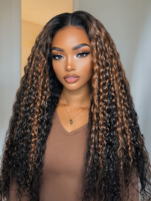 Perruque Klaiyi 7x5 Bye Bye Knots Ombre Brown Highlight Water Wave sans colle, cheveux humains avec cordon de serrage invisible 