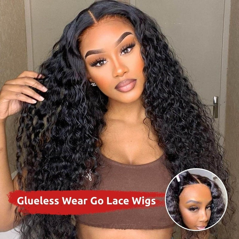 Buy 1 Get 1 Free,Code:BOGO | Klaiyi Water Wave 7x5 Bye Bye Knots Pre-Cut Lace Wig Put On and Go Human Hair