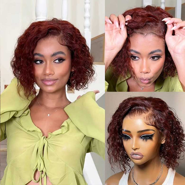 Fast Shipping| Klaiyi Bye-Bye Knots Lace Wig Side Part Wig Reddish Brown Short Curly Bob Wig Flash Sale