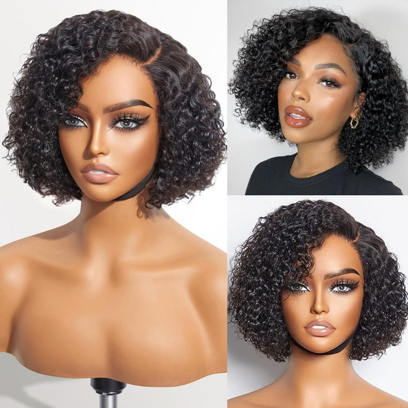 Klaiyi Side Deep Part Short Bob Curly Wig 7X5 Bye Bye Knots Lace Front Wigs Human Hair Wigs Natural Black Color Flash Sale