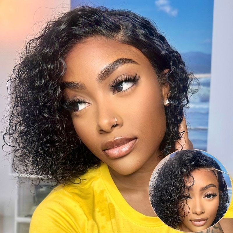 Klaiyi Side Deep Part Short Bob Curly Wig 7X5 Bye Bye Knots Lace Front Wigs Human Hair Wigs Natural Black Color Flash Sale