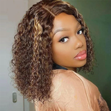Klaiyi Honey Blonde Highlights Kinky Curly Cut BOB Wig 13x4  Lace Front Wigs Human Hair Flash Sale