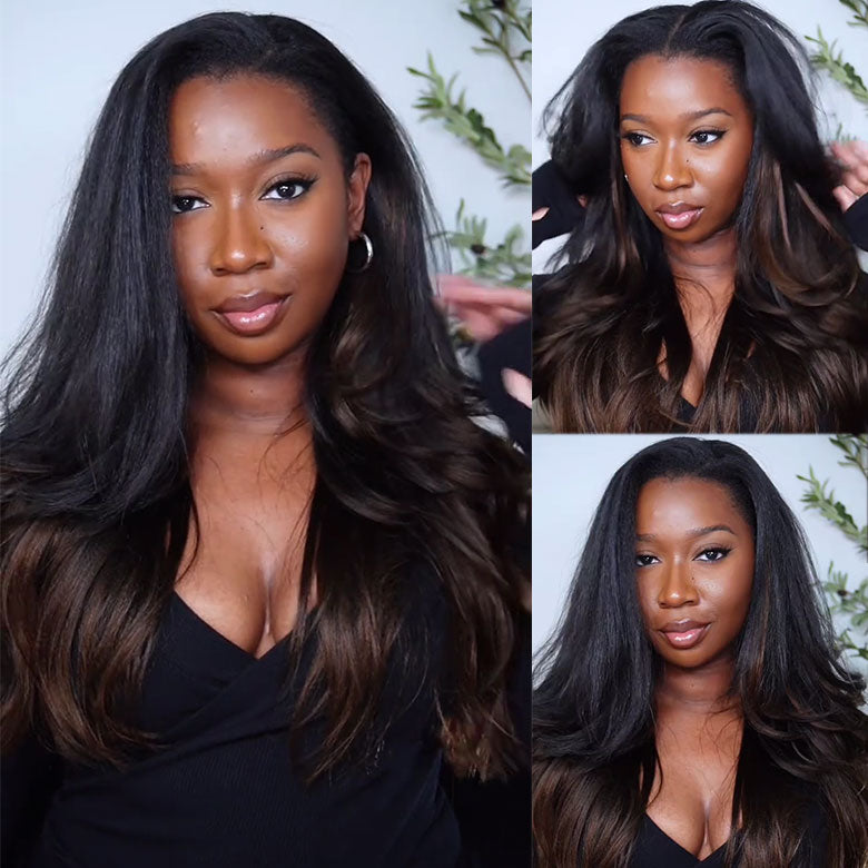 $100 OFF | Code:SAVE100 Klaiyi Ombre Chestnut Brown Color Yaki Straight EasiContour V Part Wigs Human Hair Clip in No Sew in No Glue Wig