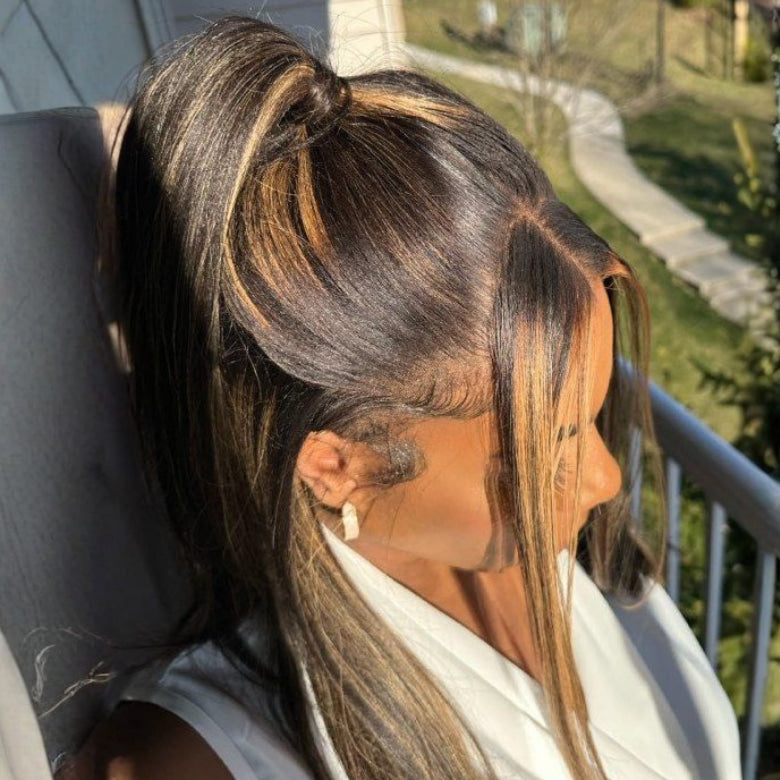 Klaiyi 13×4 Yaki Straight Balayage Highlight Lace Front Wig Put on and Go with Invisible Drawstring Human Hair Wigs