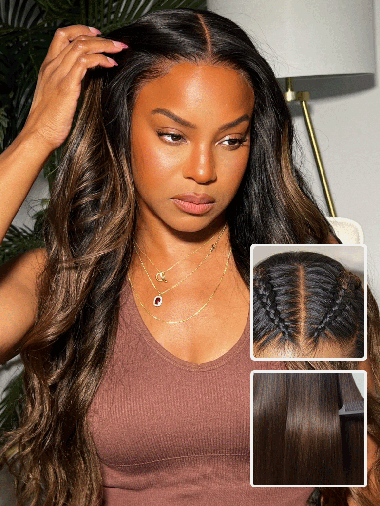 Buy 1 Get 1 Free,Code:BOGO |  Klaiyi Ombre Chestnut Brown Yaki Straight Put On and Go Glueless Wig 7x5 Bye Bye Knots And 13x4 Lace Frontal Human Hair Wigs with Invisi Drawstring
