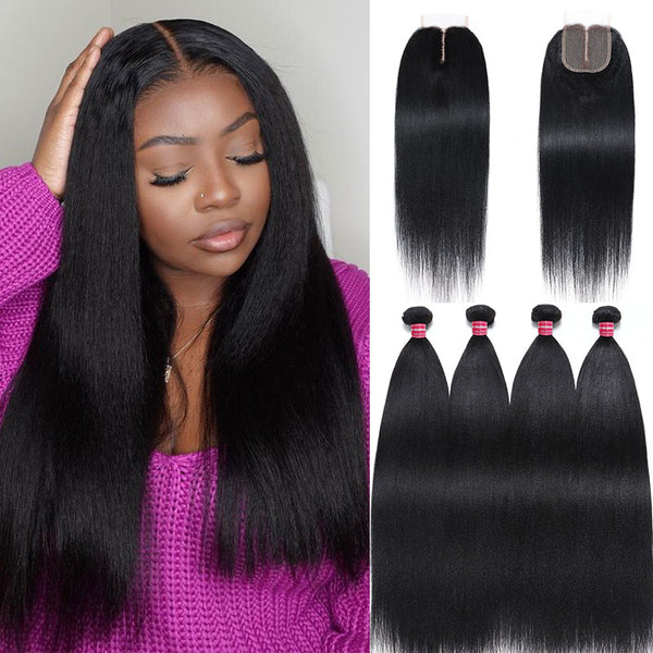 Klaiyi Yaki Straight Hair Bundles with Closure Brazilian Hair 3 Bundles with 4*1 Lace Part Closure Flash Sale