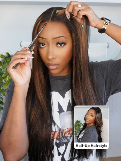 Klaiyi 7x5 No-Slip Glueless Yaki Straight Wig Golden Brown Highlight  150% Density Bye-Bye Knots Lace Closure Put-On & Go