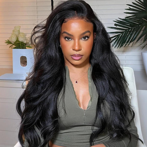 Klaiyi Bye Bye Knots 7x5 Yaki Wavy Bye Bye Knots Wig Soft Flip Out Bang Curl Style Put on and Go Glueless Human Hair Wigs