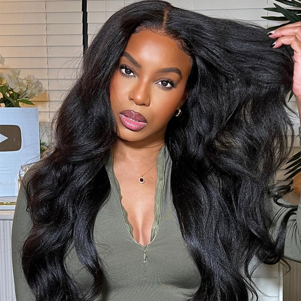 Klaiyi Bye Bye Knots 7x5 Yaki Wavy Bye Bye Knots Wig Soft Flip Out Bang Curl Style Put on and Go Glueless Human Hair Wigs