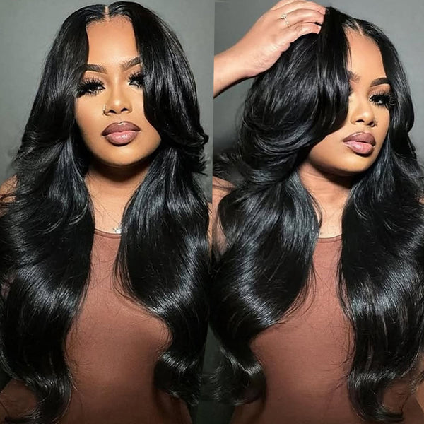 Klaiyi Hair Yaki Wavy V Part Wig With Flip Out Bang EasiContour Drawstring V-Part Glueless Human Hair Wigs