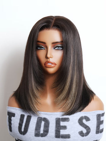 Flash Sale Klaiyi  7x5 No Slip Lace Closure Wig Black With Blonde Highlights Yaki Straight Bob with Face-framing Layers