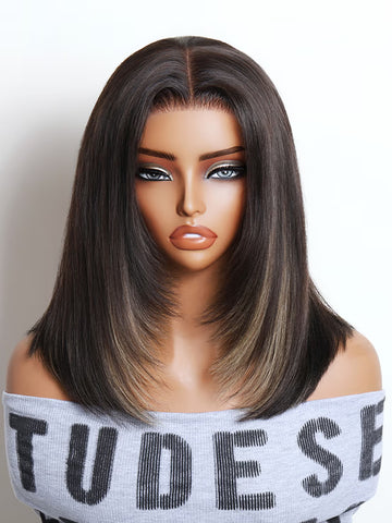 Flash Sale Klaiyi  7x5 No Slip Lace Closure Wig Black With Blonde Highlights Yaki Straight Bob with Face-framing Layers