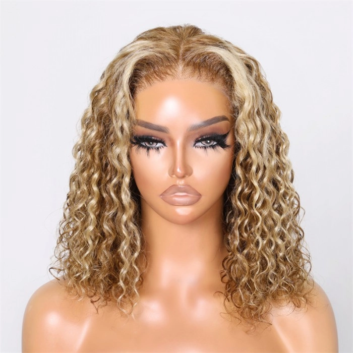 Klaiyi Honey Blonde Highlights Water Wave BOB Wig 6x4.75  Pre-cut Lace Wear & Go Wigs Flash Sale
