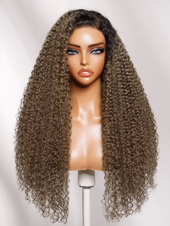 Klaiyi 7x5 No Slip Glueless Lace Wig Effortless Muted Ash Brown With Dark Roots Jerry Curly Wig with Drawstring