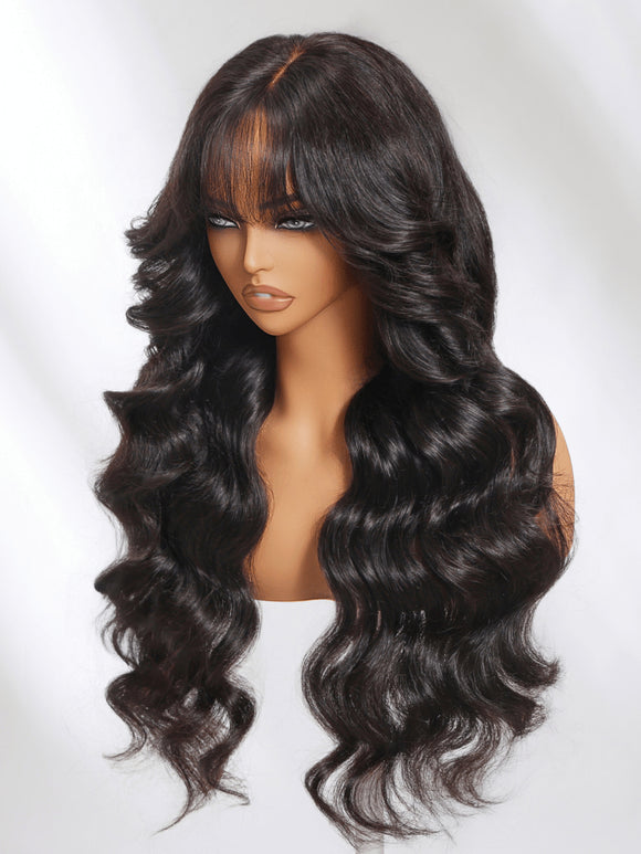 Extra 50% Off Code HALF50  |Klaiyi 13x4 3D Fluffy Body Wave Lace Frontal Wig with Curtain Bangs Face Framing Style Put on and go Glueless Wigs