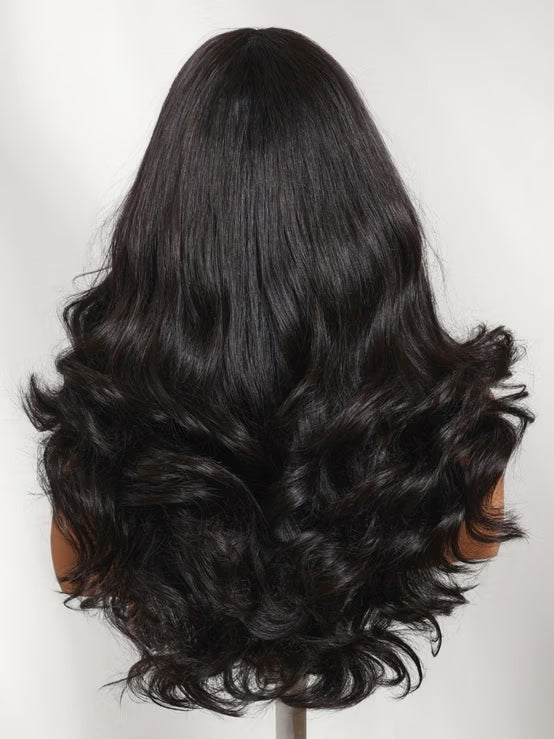 Klaiyi 7x5 No-Slip Glueless Lace Wig Blowout Body Wave Layered Human Hair Wig with Flipped Ends 180% Density