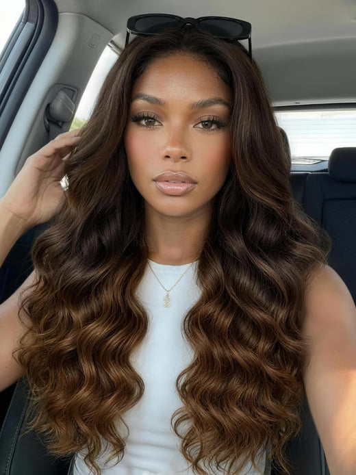 Klaiyi 13x4 Pre-Everything Lace Frontal Wig Ombre Caramel Balayage Highlights Body Wave Human Hair Wig