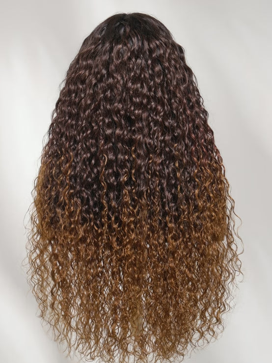 Klaiyi 7x5 No Slip Glueless Lace Wig Ombre Caramel Brown Water Wave Human Hair Wig with Drawstring
