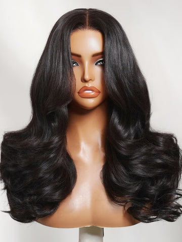 Klaiyi 7x5 No-Slip Glueless Lace Wig Blowout Body Wave Layered Human Hair Wig with Flipped Ends 180% Density