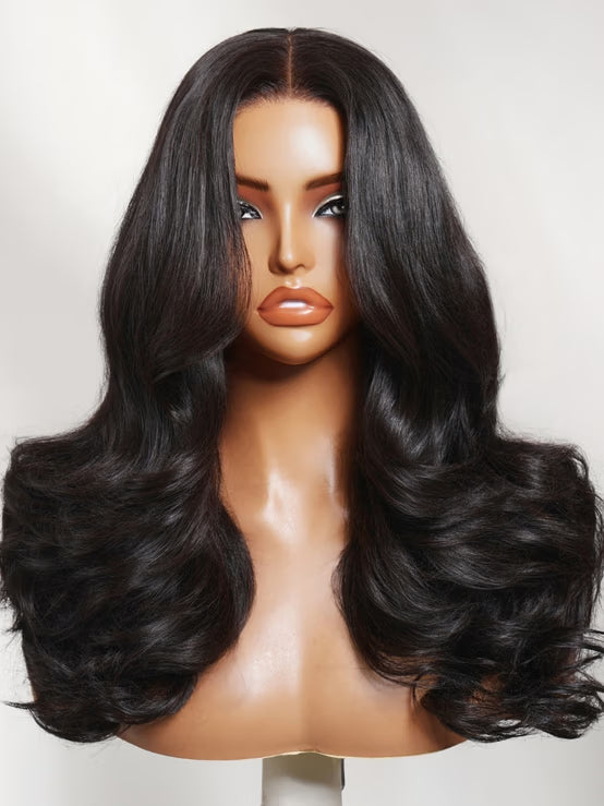 Klaiyi 7x5 No-Slip Glueless Lace Wig Blowout Body Wave Layered Human Hair Wig with Flipped Ends 180% Density
