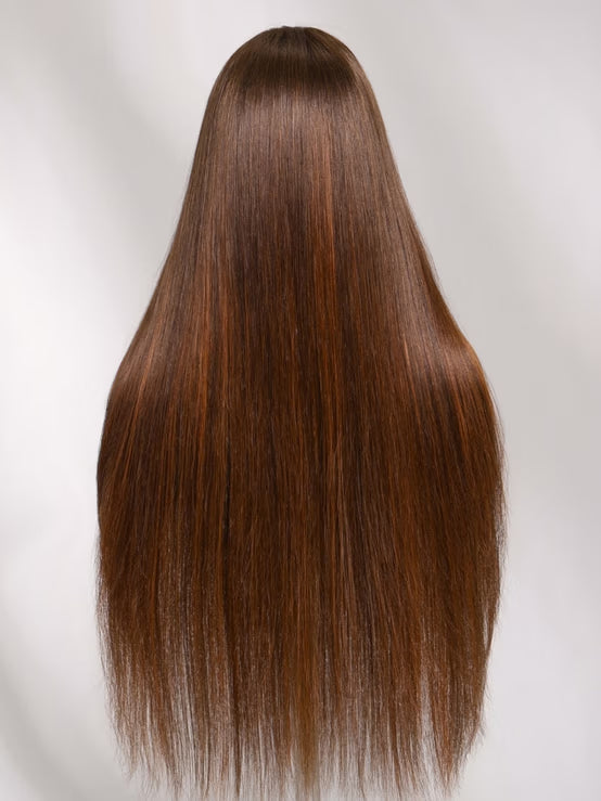 Klaiyi Brown with Golden Copper Highlights Layered Straight Wig 7x5 No-Slip Glueless Lace Human Hair Wig with Invisi Drawstring