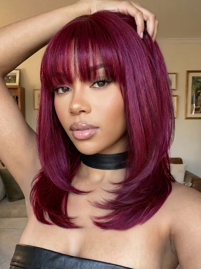 Klaiyi Black Cherry 7x5 Bye Bye Knots Layered Wolf Cut with Wispy Bangs Mid-length Sleek Bob Glueless Lace wig with Invisi Drawstring