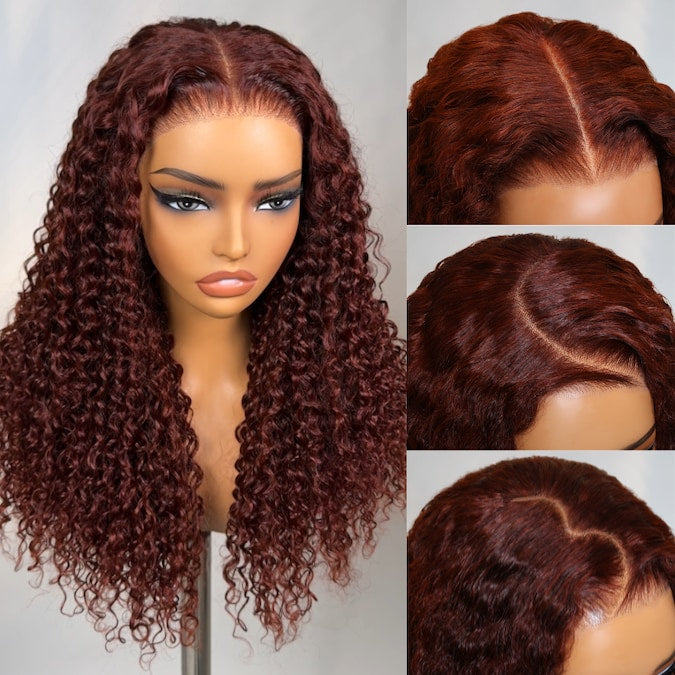 Klaiyi Reddish Brown Jerry Curly 7x5 Bye Bye Knots Human Hair Wig Put On and Go Glueless Lace Wig
