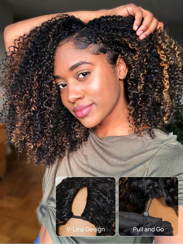 Klaiyi EasiContour™ Curly V Part Wig Ombre Chestnut Brown Color Glueless V Part Human Hair Wigs