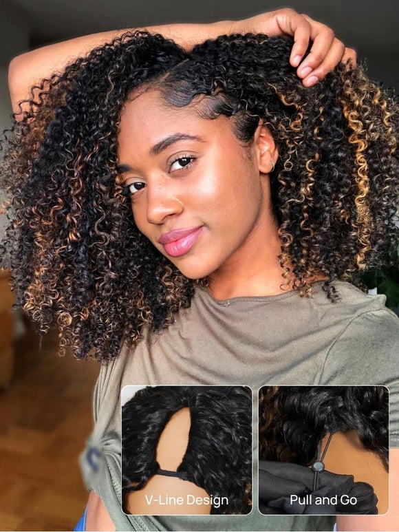 Perruque Klaiyi EasiContour™ bouclée en V, couleur châtain ombré, sans colle, cheveux humains