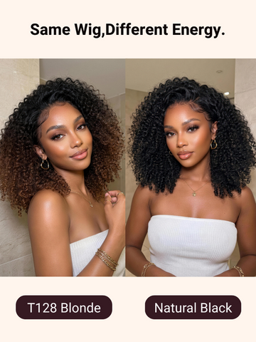 Klaiyi 2-in-1 Kinky Curly Half Wig Natural Black & T128 Blonde Flip Around Human Hair Wig