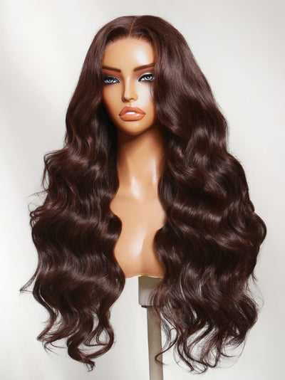 Klaiyi Rich Chocolate Auburn Brown Body Wave Wig 7x5 No-Slip Glueless Lace Human Hair Wig with Invisi Drawstring