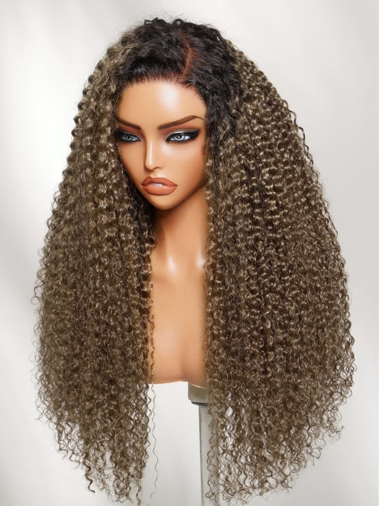 Klaiyi 7x5 No Slip Glueless Lace Wig Effortless Muted Ash Brown With Dark Roots Jerry Curly Wig with Drawstring