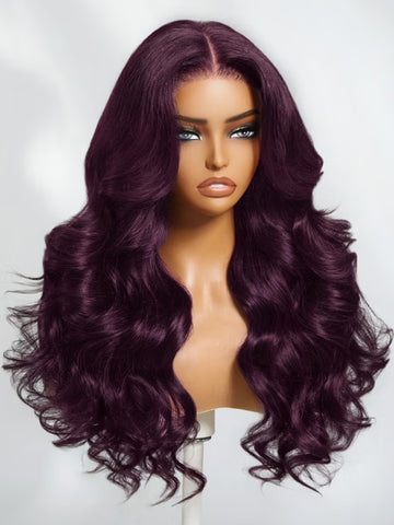 Klaiyi  13x4 Pre-Everything Lace Frontal Rich Vibrant Plum Burgundy Body Wave Human Hair Wig