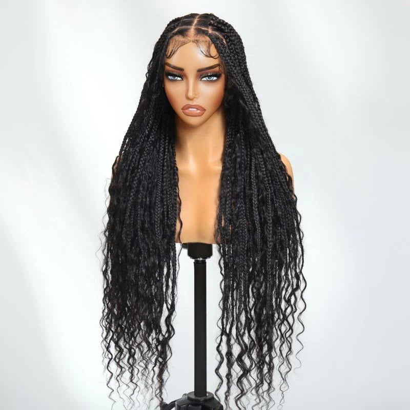 Flash Sale Klaiyi Knotless Full Lace Box Braid Wig Boho Goddess Braided Wig with Baby Hair Curly Ends Wig