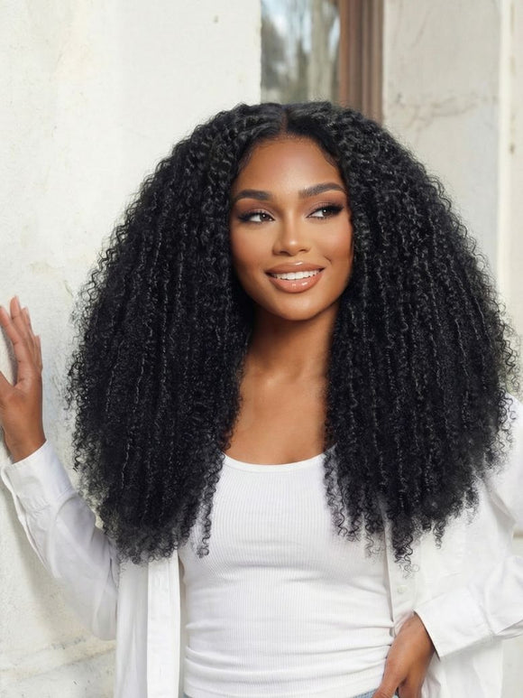 Klaiyi Micro Twist Curly Bohemian Afro-Coily Kinky Curly Wig 7x5 Bye Bye Knots Put On and Go Glueless Lace Human Hair