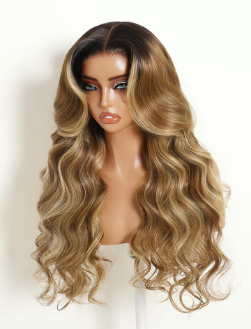 Klaiyi Honey Blonde Balayage Body Wave 7x5 Lace Glueless Human Hair Wig
