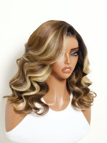 Klaiyi 7x5 Lace No Slip Wig Dark Root Honey Blonde Highlighted Layered Body Wave Bob Human Hair Wig Flash Sale