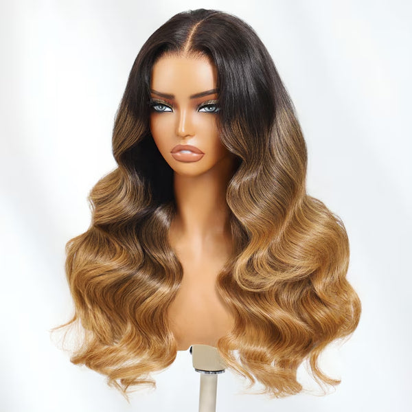 Klaiyi 13x4 Pre-Everything Black to Caramel Blonde Ombre Loose Wave Lace Frontal Human Hair Wig
