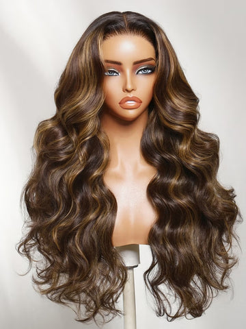 Klaiyi 7x5 No-Slip Glueless Dark Brown with Honey Caramel Money Pieces 90s Blowout Layers Body Wave Wigs