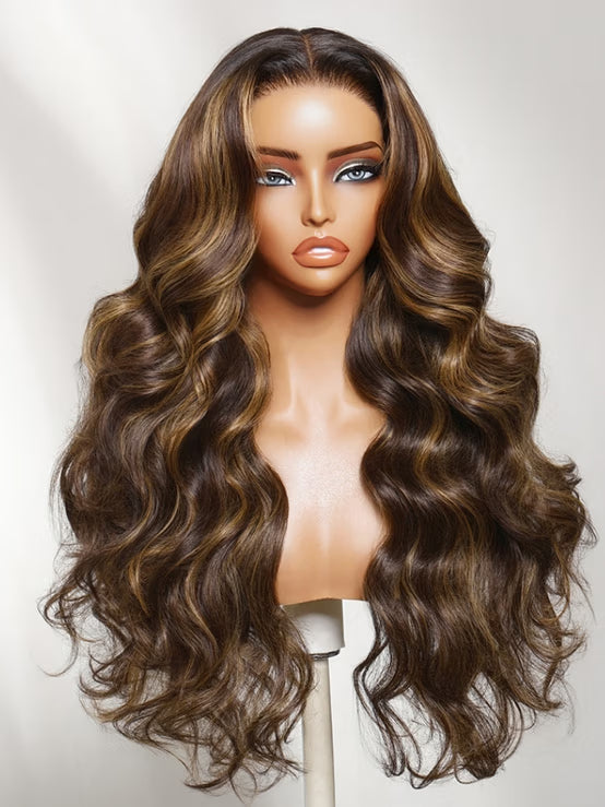 Klaiyi 7x5 No-Slip Glueless Dark Brown with Honey Caramel Money Pieces 90s Blowout Layers Body Wave Wigs