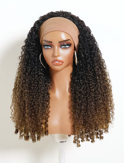 Klaiyi Ombre Chestnut Brown Burmese Curly 2-in-1 Headband Wig  Glueless Human Hair Wig with Invisi Drawstring